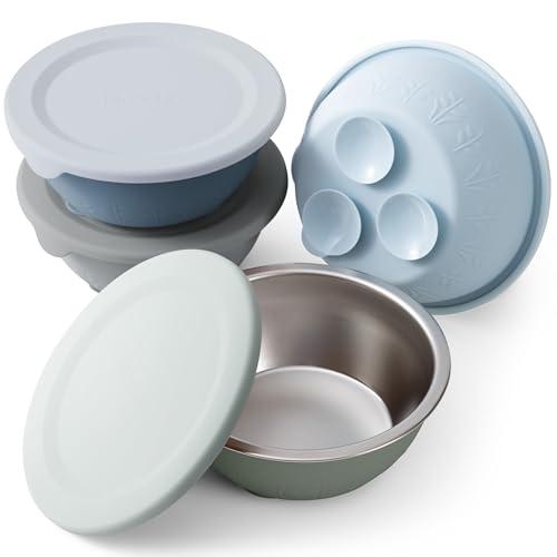 Moonkie Baby Bowls with Suction, Stainless Steel & Silicone Toddler Bowls with Lids, Seamless One-Piece Design Silicone Bowls for Babies 4 Months+, 13oz, BPA-Free, Lead-Free, Dishwasher Safe, 4 Pack