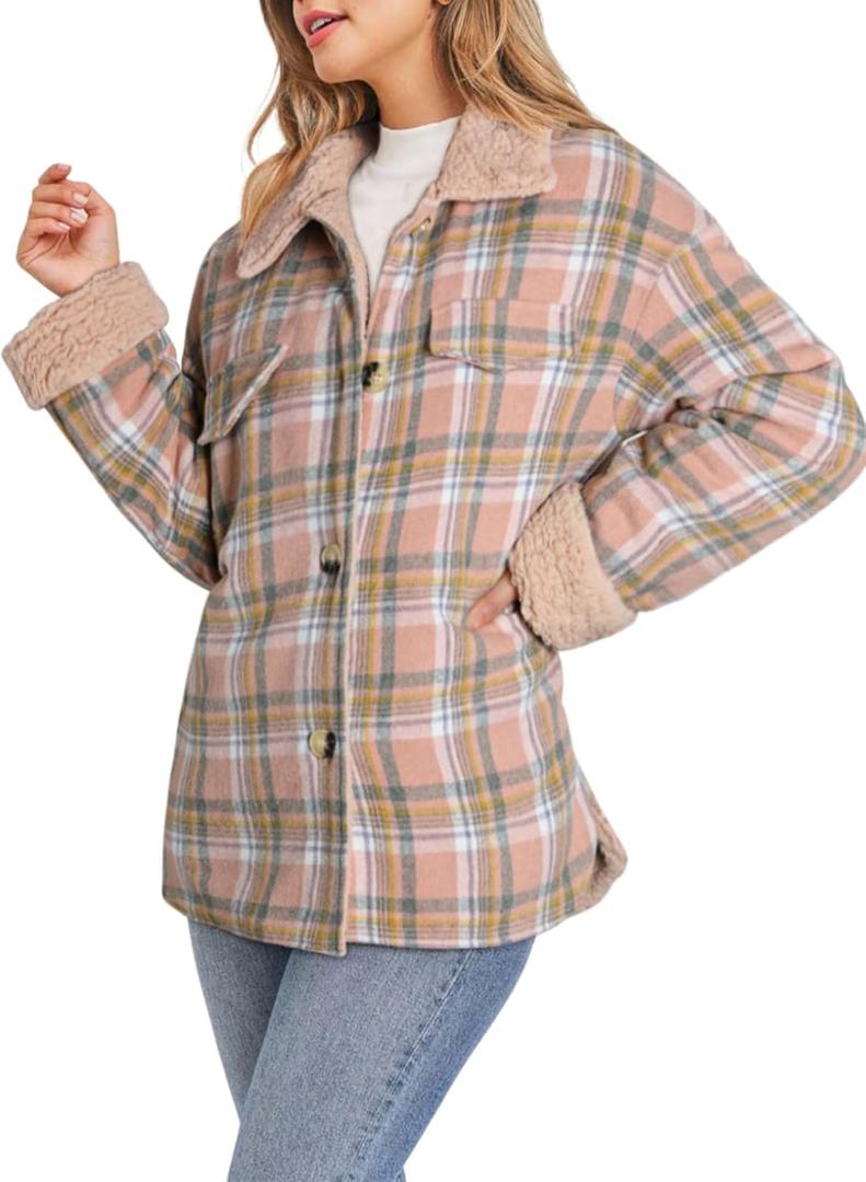 Dokotoo Winter Coats for Women Button Down Plaid Flannel Shirts Warm Sherpa Fleece Jacket (Small, Pink)