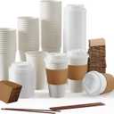JOLLY PARTY [100 Pack] 16 oz Paper Coffee Cups, Disposable Paper Coffee Cup with Lids, Sleeves, and Stirrers, Hot/Cold Beverage Drinking Cup for Water, Juice or Tea, Suitable for Home,Shops and Cafes