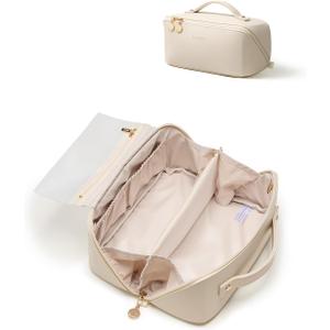 EACHY Travel Makeup Bag, Large Capacity Cosmetic Bag for Women, Waterproof PU Leather, Flat Open Portable Toiletry Bag for Skincare, Brushes & Travel Essentials (Medium)
