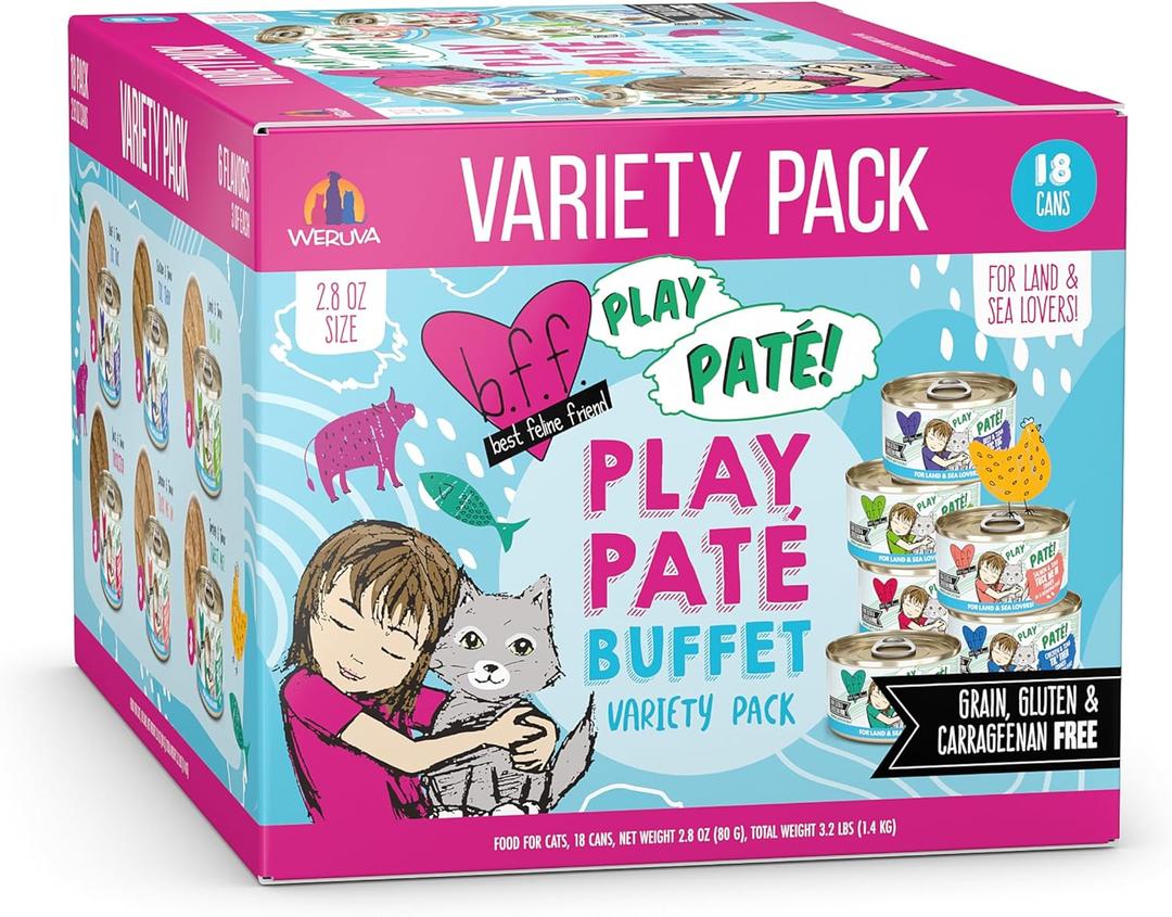 Weruva B.F.F. Play - Best Feline Friend Pat Lovers, Aw Yeah!, Play Pat Buffet Variety Pack, 2.8oz Can (Pack of 18)