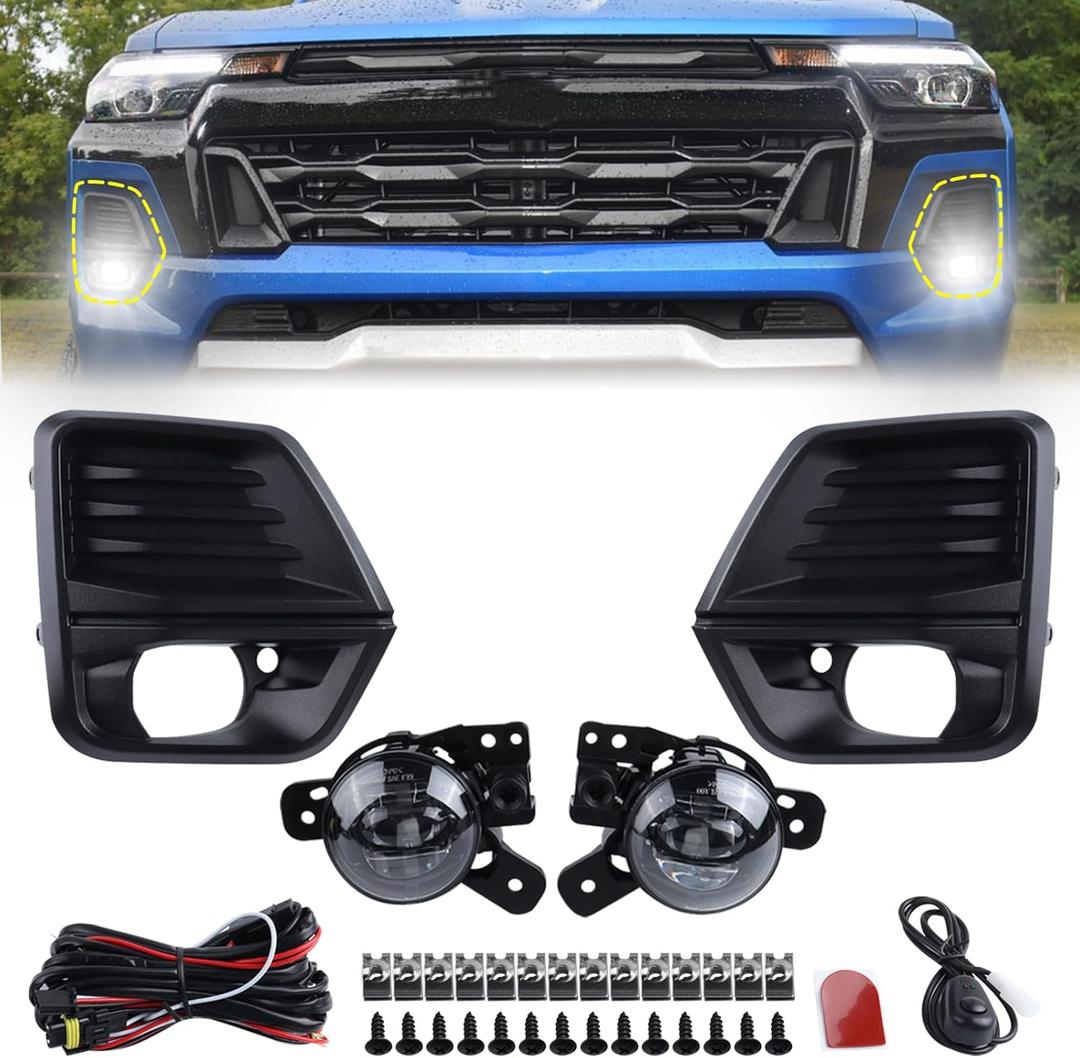 KAMDKI LED Fog Light Set 5pcs Compatible for 2023 2024 Chevrolet Colorado Front Bumper Lamp Assembly With Wire Harness Bulbs Cover Bezels 42737706 42737708 GM2592334 GM2593334