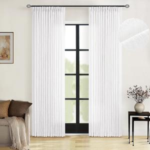 White Linen Pinch Pleated Curtains 84 Inches Long 2 Panels for Living Room Bedroom Snow White Textured Linen Pleated Hooks Rings Back Tab Elegant Luxury Light Filtering Curtain Drapes 84 Inch Length