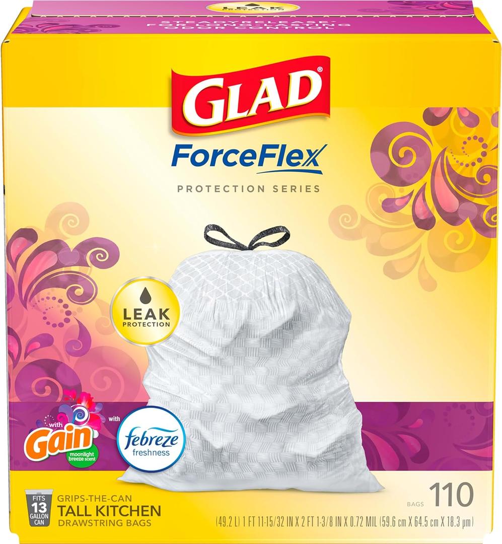 Glad ForceFlex Tall Kitchen Trash Bags, 13 Gal, Gain Moonlight Breeze, 110 Ct