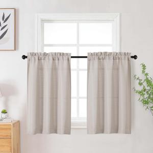 Moon Beige Kitchen Curtains Tier 36 Inch Length 2 Panels, Faux Linen Textured Light Filtering Short Curtains Drapes for Bathroom Basement Half Window, Rod Pocket Design, Each 30Wx36L Inch