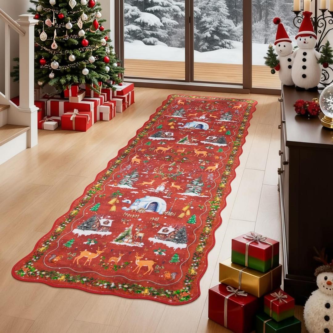 New Christmas Running Carpet Green Red Scalloped Runners for Hallway, Indoor Non-Slip Washable Bathroom Entrance Holiday Winter Tree Soft Floor for Bedside Home Decoration (Red 3, 60 * 200CM)