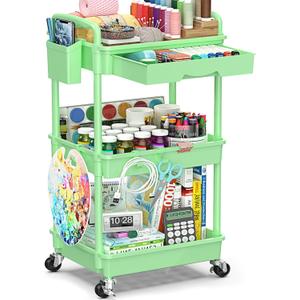 3-Tier Rolling Cart with Drawer & Lockable Wheels, Bathroom Storage Organizer Multifunctional Rolling Storage Cart for Bathroom, Kitchen, Office, Craft, Makeup, Baby Essentials, Green