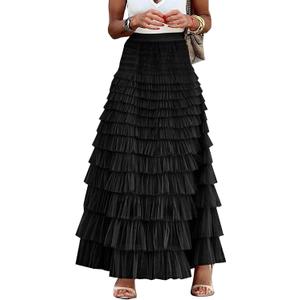 Flygo Women's Long Maxi Tulle Skirts A Line Ruffle High Waisted Tiered Layered Mesh Tutu Skirt Petticoat(Black-L)