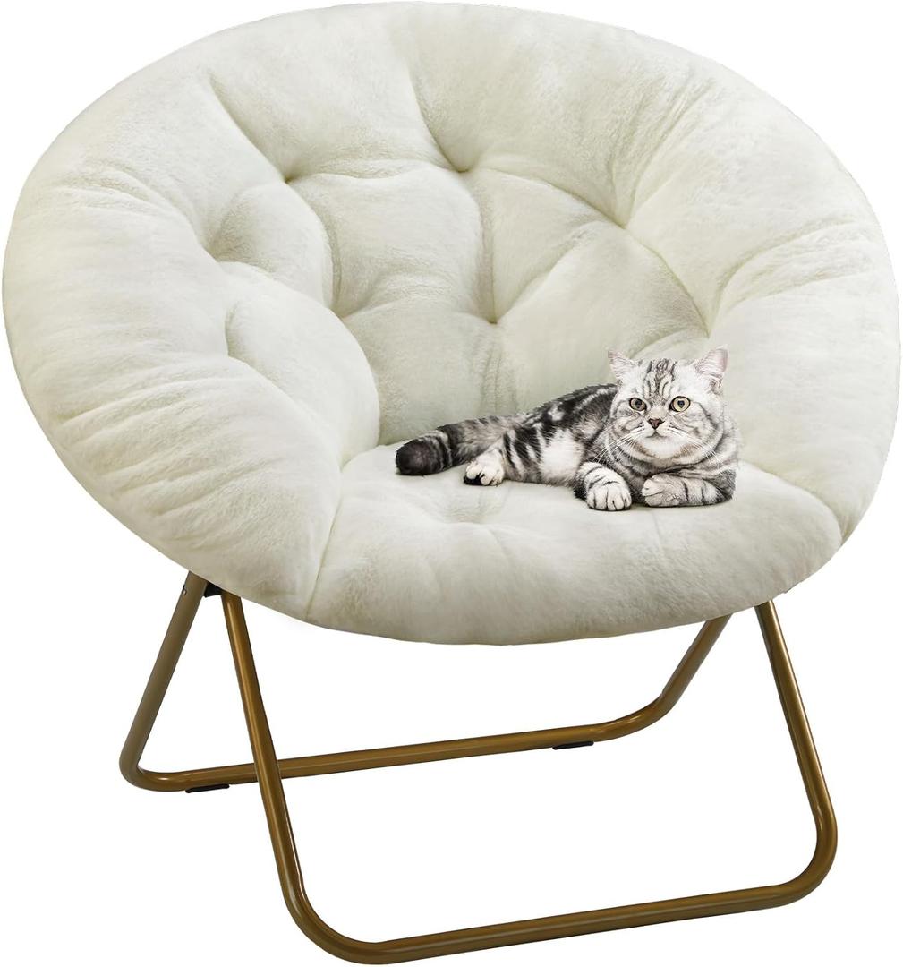 DUMOS Faux Fur Saucer Chair, Foldable Comfy Chair for Bedroom, White, Round-36 Inches