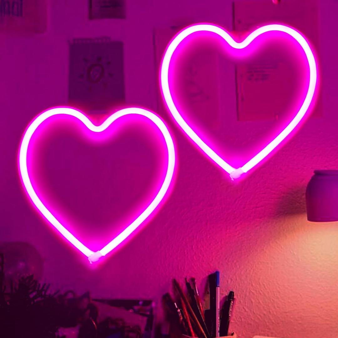 2-Pack Pink Heart Neon Sign, Neon Heart Lights Battery Operated or USB Powered For Valentines Day Decorations, LED Valentines Lights for Wedding Proposal Anniversary Mothers Day Girls Bedroom Decor