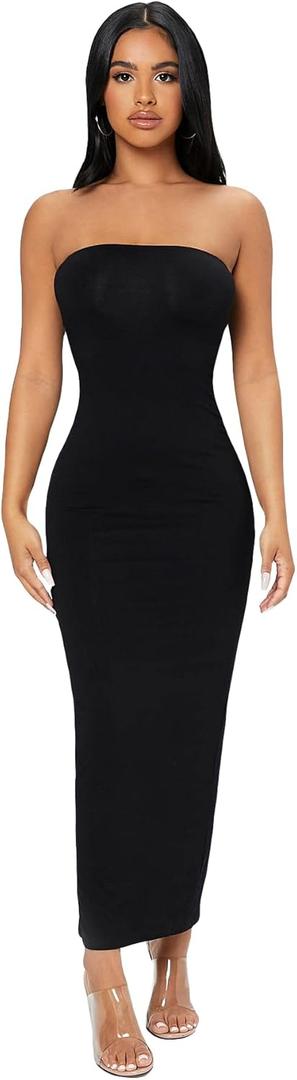 Verdusa Women's Strapless Sleeveless Split Back Long Bodycon Tube Dress Black Petite S