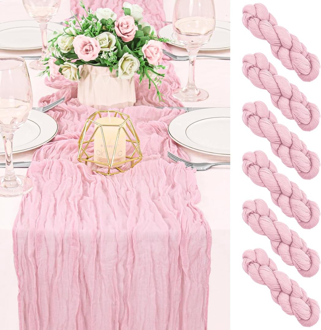 6 Pack 120 Inch Pink Cheesecloth Table Runner Boho Rustic Gauze Sheer Romantic 10 FT Long Cheese Cloth Table Runner for Bridal Baby Shower Wedding Party Birthday Holiday Home Easter Decor