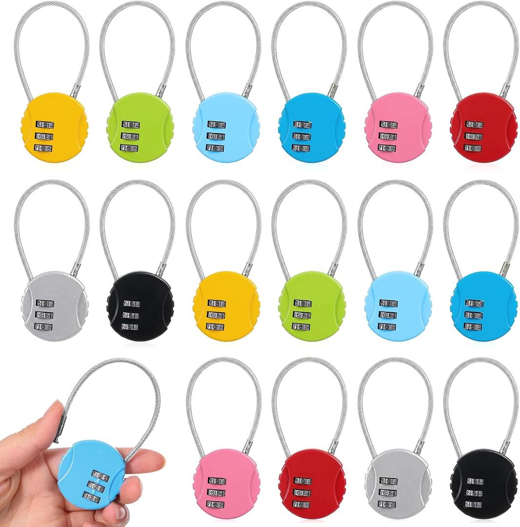 16 Pack Combination Lock, 3 Digit Outdoor Waterproof Code Padlock with Wire Rope, Mini Combination Lock, Resettable Locks for Luggage, Gym Locker, Jewelry Box, Backpack(8 Colors)
