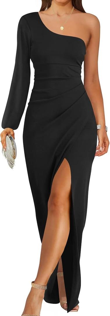 ZESICA Women's One Shoulder Long Sleeve Cocktail Dress Sexy High Slit Ruched Bodycon Wedding Guest Maxi Dresses
(X-Large, Black)