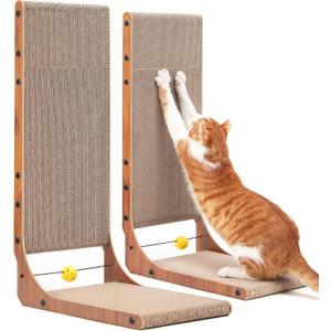FUKUMARU Cat Scratcher, 26.8 Inch Cat Scratch Pad for Indoor Cats, L Shaped Cardboard Vertical Cats Scratching Board with Ball Toy, Walnut Color, 2 Packs