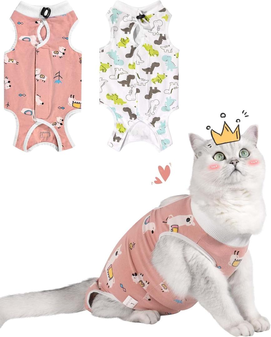 2 Pack Cat Spay Recovery Suit Female, Breathable Cat Onesie for Cats After Surgery Female, Kitten Surgery Recovery Suit for Abdominal Wounds (Small, Alpaca + Dinosaur)