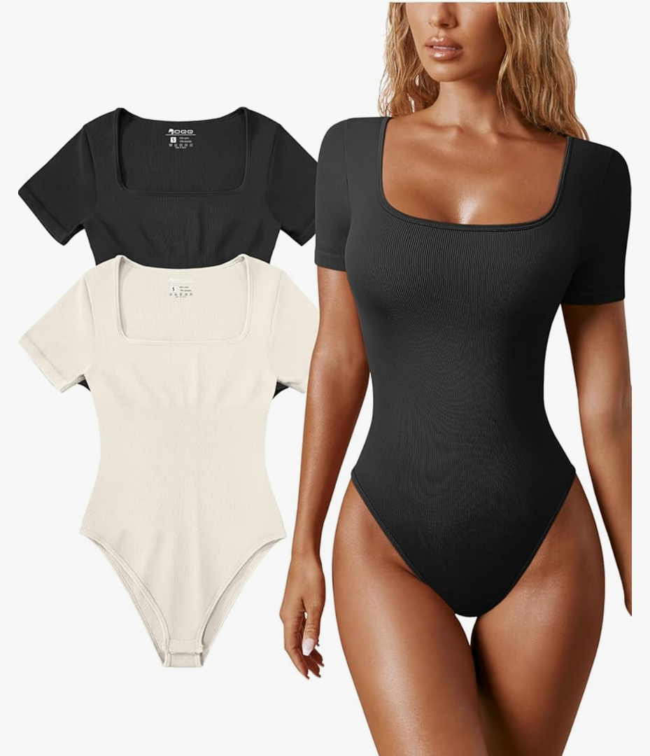 OQQ Women's 2 Piece Bodysuits Sexy Ribbed One Piece Square Neck Short Sleeve Bodysuits Size M