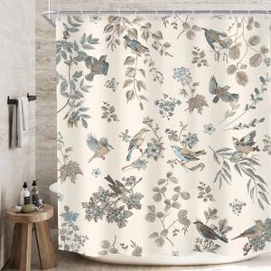 MESHELLY Floral and Birds Shower Curtain 60Wx72H Vintage Farmhouse Garden Flower Leaf Plant Beige Green Nature Elegant Chinoiserie Bath Curtain Cloth Fabric Bathroom Accessories Decor with 12 Hooks