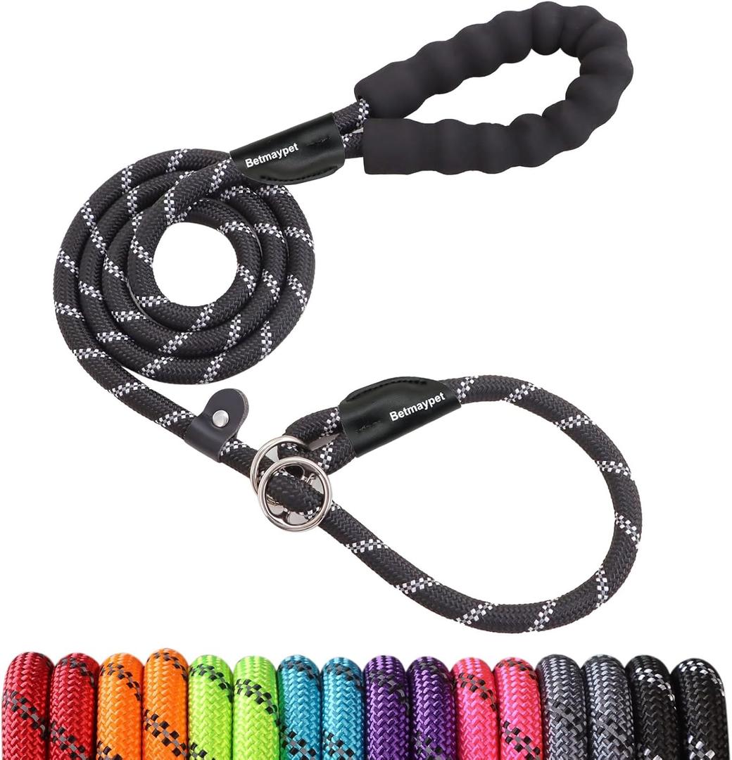 Slip Leads Dog Leash - 4/5/6 FT Slip Leash with Comfortable Handle - Reflective & Heavy Duty Rope Training Leash (1/2''- 6FT, Black)