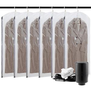AILI Hanging Vacuum Sealer Suction Space Saver Storage Bags for Clothes Travel with Electric Air Pump And Rolling Slide Clip for Coats, Closet Organizers, 6 Long (Transparent)