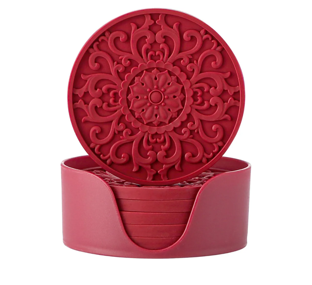 Colinda Silicone Coasters - Set of 6 with Holder, Non-Slip Cup Mats for Hot and Cold Drinks, Decorative Designs, Gift Ready Packaging,Merlot Red