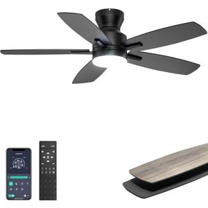 Ohniyou Ceiling Fans with Lights, 42'' Low Profile Ceiling Fan with Light and Remote/APP Control, Modern Flush Mount Ceiling Fan for Indoor Bedroom Kitchen, Dimmable, Qiuet DC Motor, Black