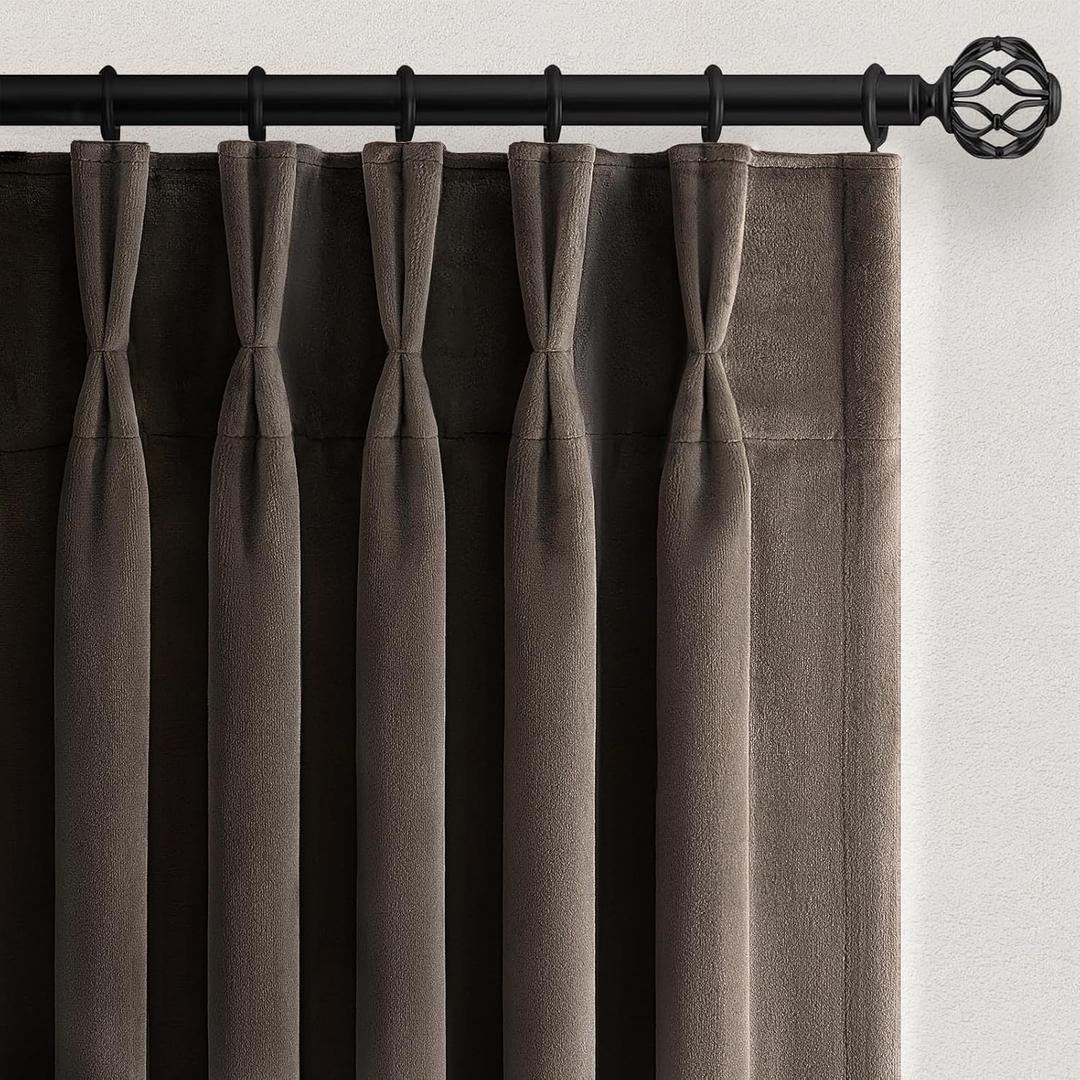 108 Inches Long Dark Taupe Velvet Curtains for Living Room Bedroom Large Window,Elegant Vintage Room Darkening Blackout Pinch Pleated Curtain Drapes with Hooks & Back tab Tall Floor Length 2 Panels