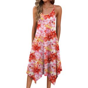 Zeagoo Women Summer Midi Dresses 2026 Hawaiian Bohemian Beach Cover Up Sundress Spaghetti Strap Casual Dress with Pockets (Large, Red Yellow)