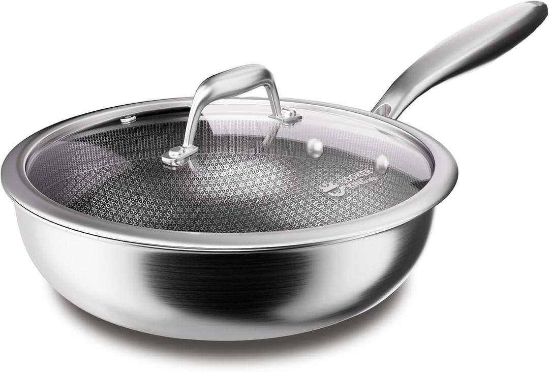 COOKER KING 11-Inch Hybrid Stainless Steel Wok with Lid, Nonstick Stir Fry Pan & Deep Frying Pan, Tri-Ply Clad Honeycomb Everyday Pan, Induction Ready, Oven & Dishwasher Safe, PFOA Free