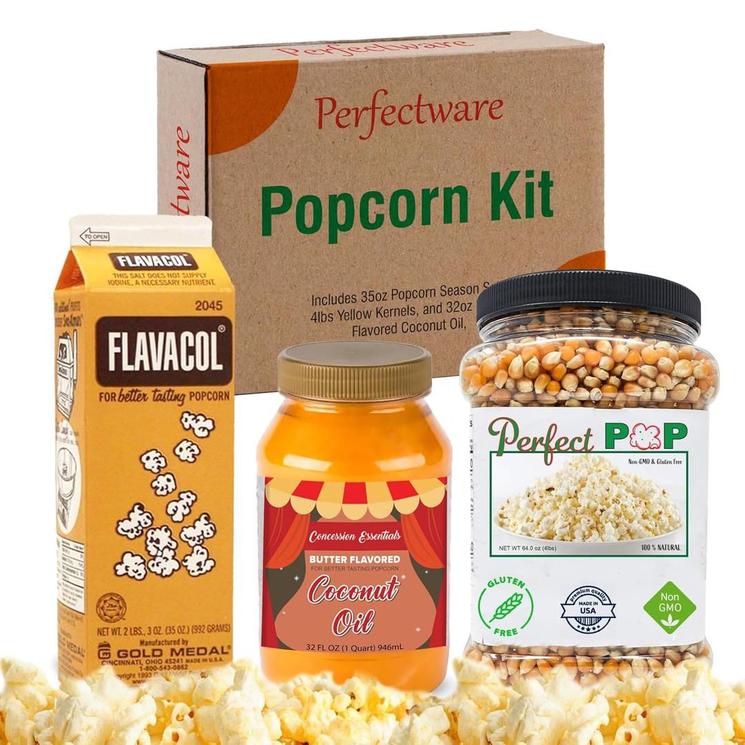 Perfectware Popcorn Kit- (Includes 35oz Popcorn Season Salt, 4lbs Yellow Kernels, and 32oz Butter Flavored Coconut Oil, Plain,PW-Popcorn Kit-3 (21.33 Ounce (Pack of 3), BBD 03/26/2026