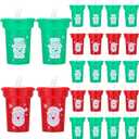 Vesici 30 Pcs 6 oz Mini Christmas Sipper Cups with Straws and Lids Santa Snowman Plastic Cups for Holiday Xmas Party Supplies Favor Gift, Red and Green