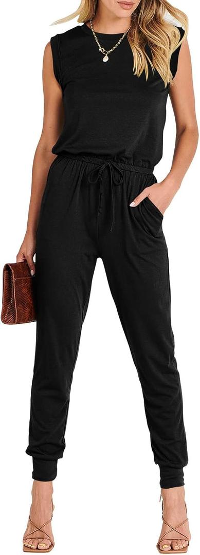 ANRABESS Womens Summer Crewneck Sleeveless Casual Dressy Loose Stretchy Jumpsuits Rompers 2025 Trendy Outfits (Small, Black)