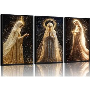 3Pcs Virgin Mary Canvas Wall Art Our Lady of Guadalupe Radiating Golden Wall Decor Pictures Black Religious Catholic Poster Prints for Church Prayer Room Christian Home Decoration 12x16in Unframed