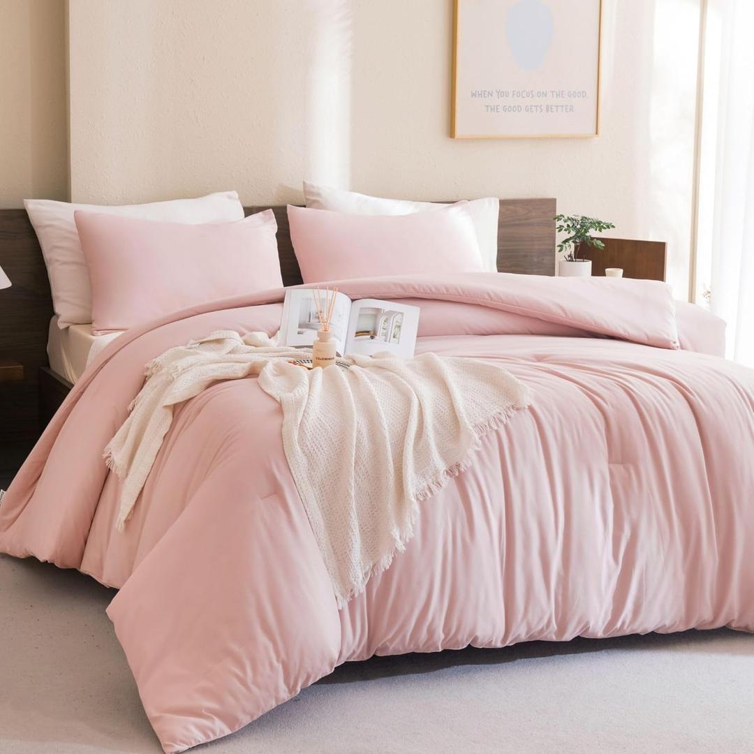 Paxrac Blush Pink Comforter Set Queen Size, 3 Pieces Light Pink Comforter Set, Lightweight Solid Bedding Set, All Seasons Soft Breathable Queen Comforter Set (90x90In Comforter & 2 Pillowcases)