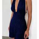 Sexy Deep V Neck Halter Glitter Bodycon Dress Sparkling Sleeveless Cocktail Party Dress Backless Women's Evening Clubwear (US, Alpha, XX-Large, Regular, Regular, Blue) (Blue, XXL)