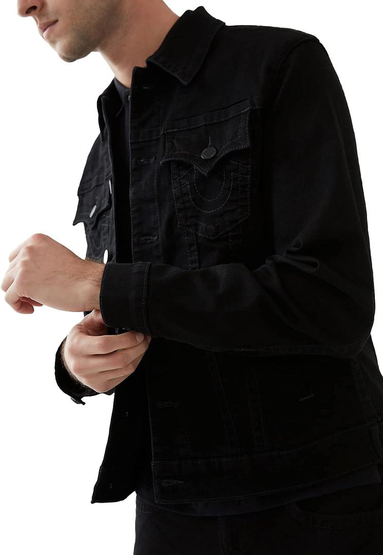 True Religion Men’s Denim Trucker Jacket – Black Jean Jacket for Men, Classic Lightweight Mens Denim Jacket, Body Rinse Black, Large