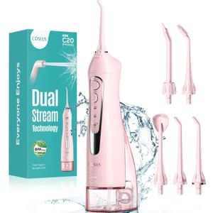 COSLUS Water Dental Flosser Teeth Pick C20: Portable Cordless Oral Irrigator 300ML Rechargeable Travel Irrigation Cleaner IPX7 Waterproof Electric Flossing Machine for Teeth Cleaning, Pink