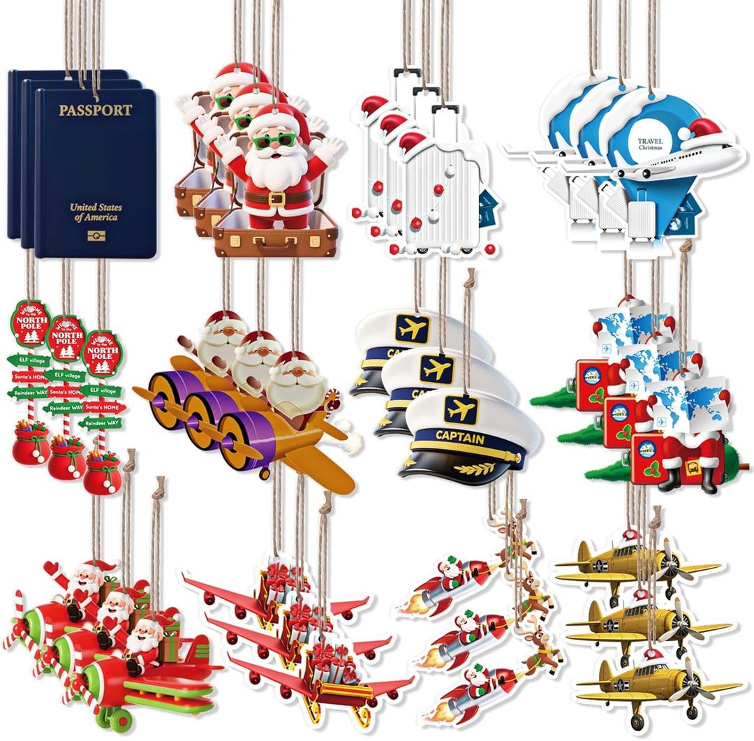 36 Pack Travel Christmas Tree Ornaments Bulk Wooden Airplane Pilot Passport Ornament Christmas Tree Decoration Airplane Gift for Travelers Custom Pilots, Crew, Flight Lovers