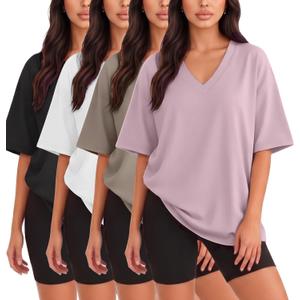 Kinglaman 4 Pack Oversized TShirts for Women, Short Sleeve Drop shoulders Plus Size Baggy Dry Fit T Shirts Tops Tees (L)