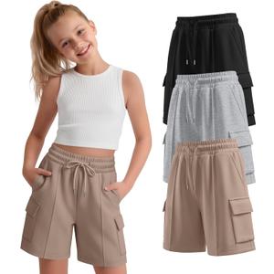 3 Pack Girls' Bermuda Cargo Shorts with 4 Pockets Knee Length Drawstring Wide Leg Casual Sweat Shorts (7-8 Years, Khaki, Light Heather Gray, Black)