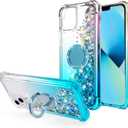 for iPhone 13 Case,Bling Moving Liquid Floating Sparkle Colorful Glitter Waterfall TPU Protective Case with Rotation Ring Kickstand for iPhone 13 [6.1 inch 2021],Blue