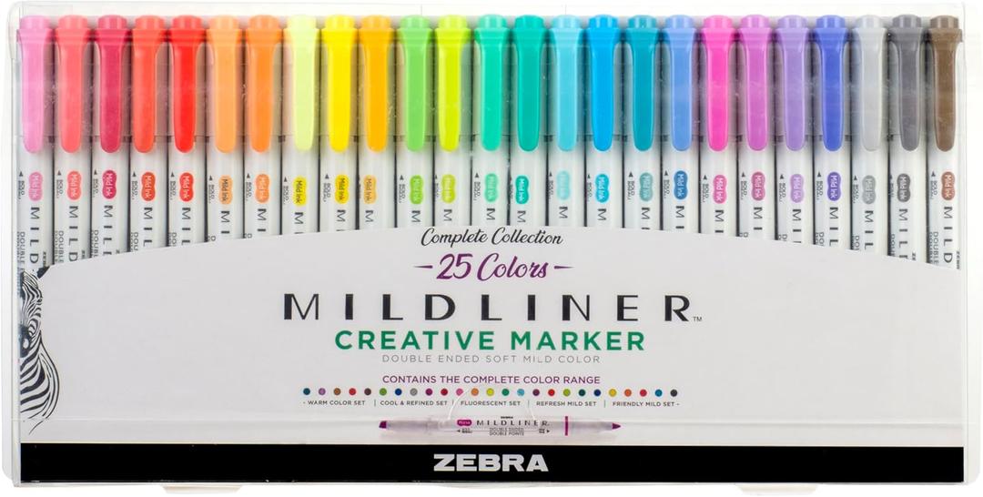 Zebra Pen Mildliner Double-Ended Highlighter Set, Broad and Fine Point Tips, Ideal for Bible Highlighting, No Bleed, Assorted Ink Colors, 25-Pack 