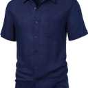 ZEROYAA Men's Linen Shirts Short Sleeve Summer Casual Button Down Beach Shirt with Pocket (XL)