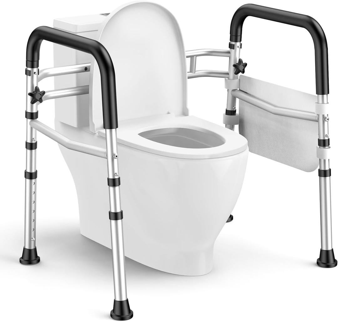 Toilet Safety Rails for Seniors, Adjustable Height & Width Toilet Safety Frame with Handles (350LB Capacity), Elderly Assistance Products for Handicapped, Foldable Toilet Bars Fits Any Toilet (Silvery, Silvery)