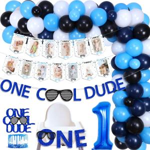 One Cool Dude Birthday Party Decorations for Boys Blue and Black Balloon Garland One Cool Dude Photo Banner Highchair Banner Sunglasses Cake Topper One Happy Dude Birthday Decorations Supplies