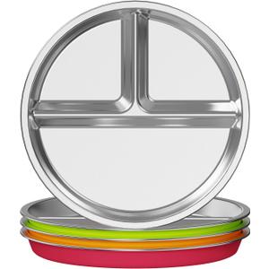 Jayour Kids Stainless Steel Divided Plates with Anti-Slip Silicone Sleeves | Dishwasher Safe | Perfect for Toddlers & Kids - Set of 4