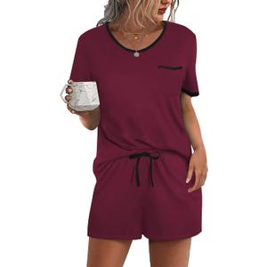 Ekouaer Pajama Set for Women 2 Piece Lounge Set Short Sleeve Tops and Shorts Soft Sleepwear, Chest Pocket (Red, XXL)