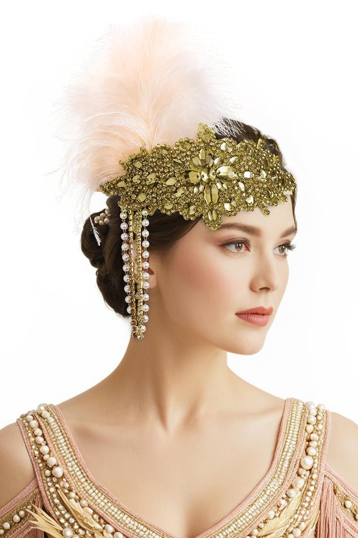 BABEYOND Womens 1920s Headband Flapper Feather Headpiece with Chain Roaring 20s Gatsby Themed Party Hair Accessory (Champagne Gold)