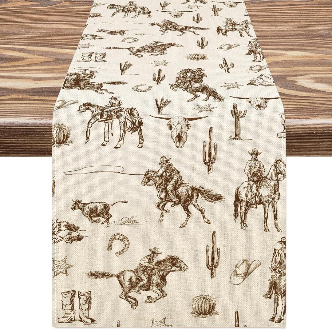 Western Cowboy Table Runner 13 x 90 Inch Brown Wild West Rodeo Kitchen Dining Table Decor Rustic Table Cover for Farmhouse Baby Shower Birthday Indoor Outdoor