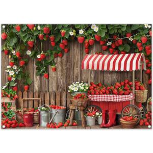 7x5ft Fabric Wooden Board Strawberry Backdrop Red Sweet Fruit Farm Market Stall Fence Photography Background Women Girls Birthday Party Decorations Photo Props